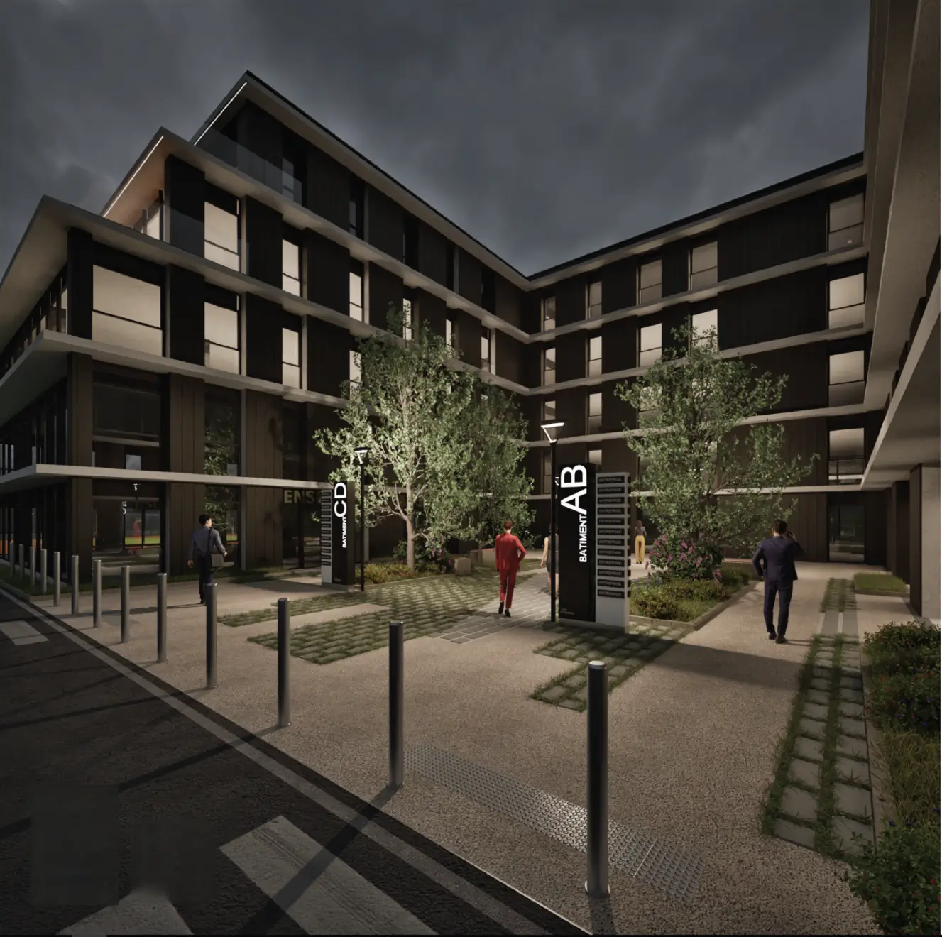B&acirc;timent la Sigale &agrave; Saint-Priest-en-Jarez, vue parvis de nuit